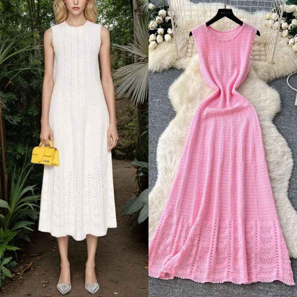 2026 Spring and Summer Round Neck Waist Long Women's Slimming A-line Sleeveless Style Beaded Dress