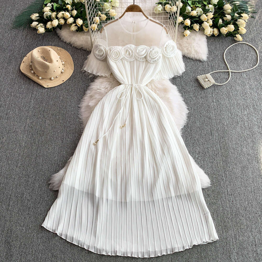 Elegant and exquisite long sleeved three-dimensional floral detail tie waist women's slim fit A-line pleated skirt 2026 spring