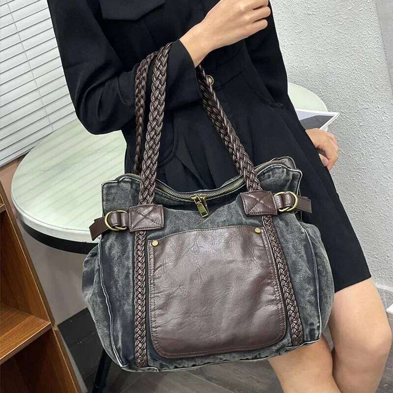Washed Denim Shoulder Bag,Women Large Capacity Vintage Tote Bag,Effortless Chic Casual All-Match Contrast Color Splicing Handbag XJ260306