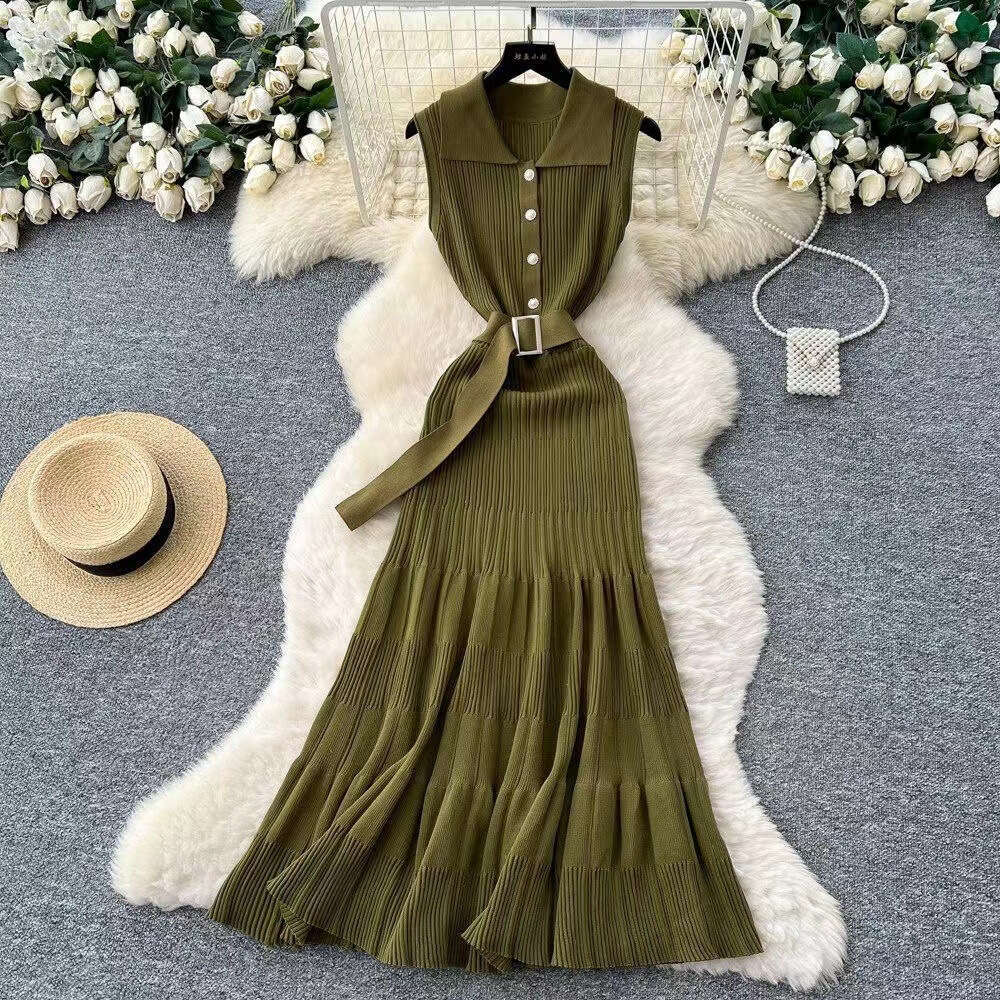 2026 Spring Summer European and American French New Women's Elegant Sleeveless Waist Slimming A-line Long Knitted Dress