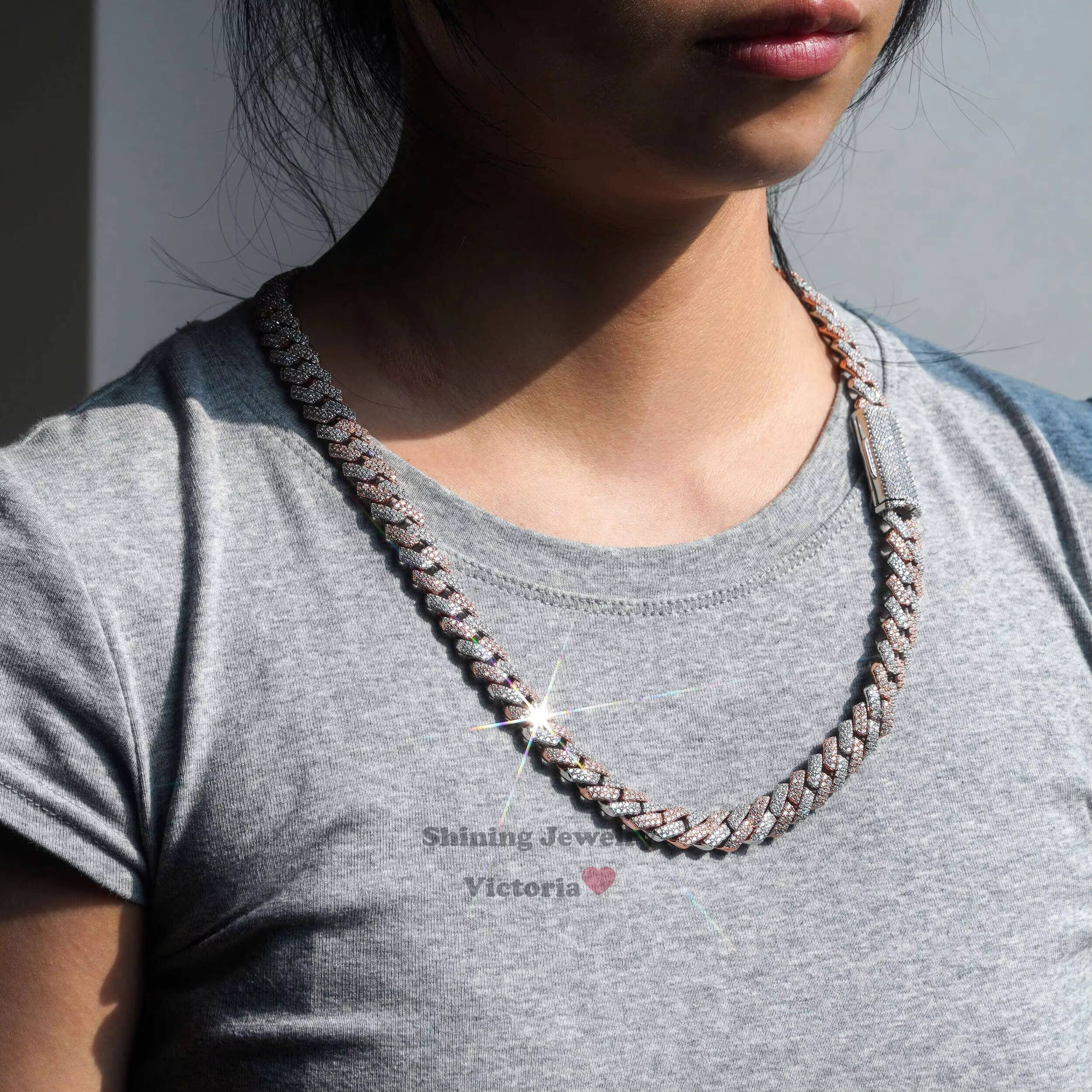 Hip Hop Rapper Jewelry Rose Gold 2 Tone Vvs Iced Out Moissanite Cuban Link Chain 13mm Width