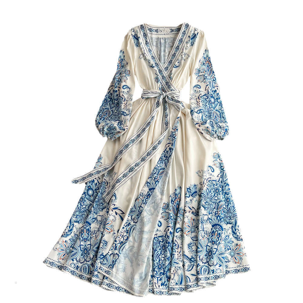 2026 Spring and Autumn Fashion Puff Long Sleeve V-neck Waist Slimming Tie Dyeing Celadon Printed Elegant Long Dress