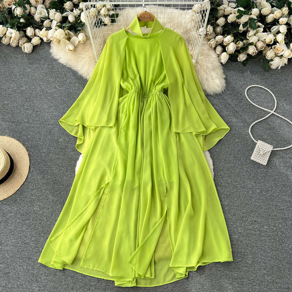 2026 high-end mature style red elegant long sleeved shawl skirt summer women's clothing waist design A13 and slit