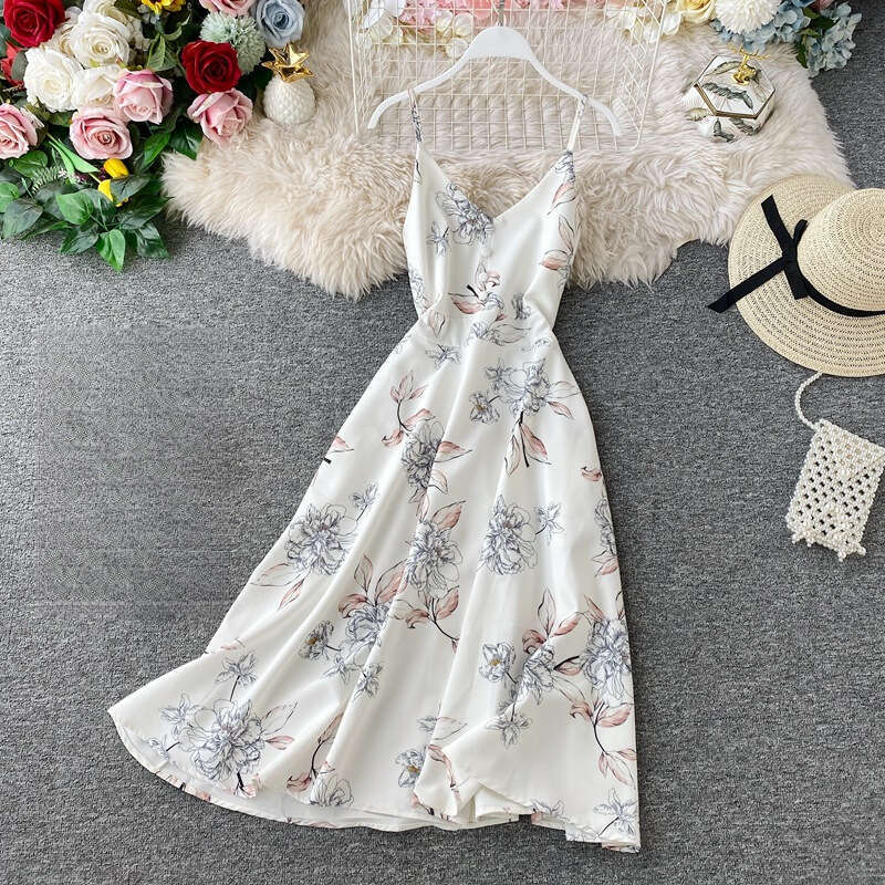 2026 designer backless V-neck camisole super elf like seaside vacation beach dress summer long skirt
