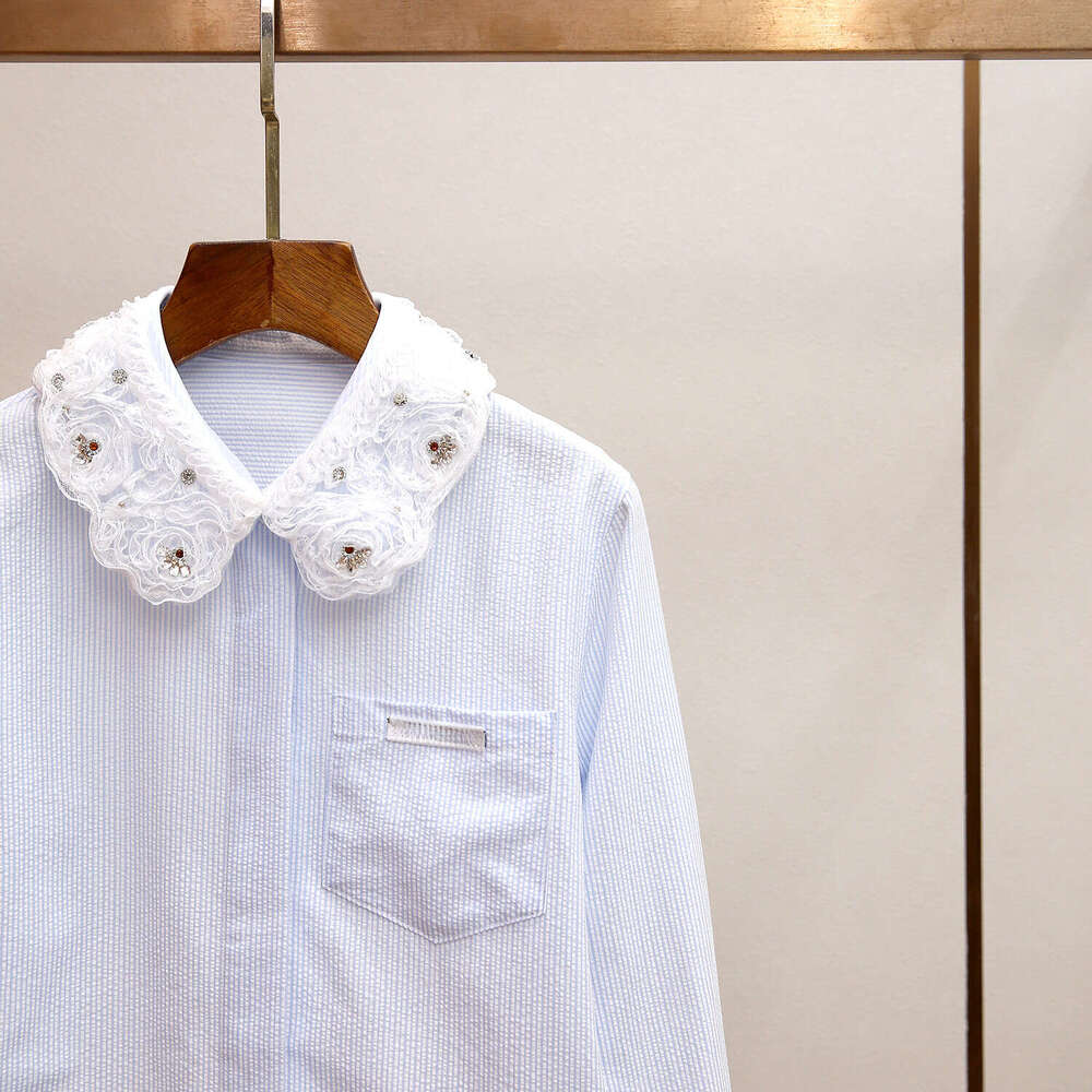 2026 A12 Designer High end Women's Spring New Collection Sweet Lace Beaded Doll Collar Long Sleeve Striped Shirt