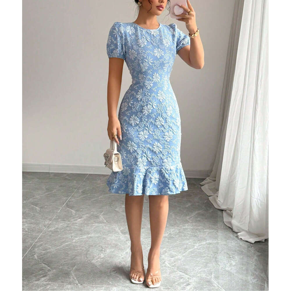 2026 European and American Spring and Summer New Women's Bubble Sleeve Jacquard Round Neck Retro Style Dress