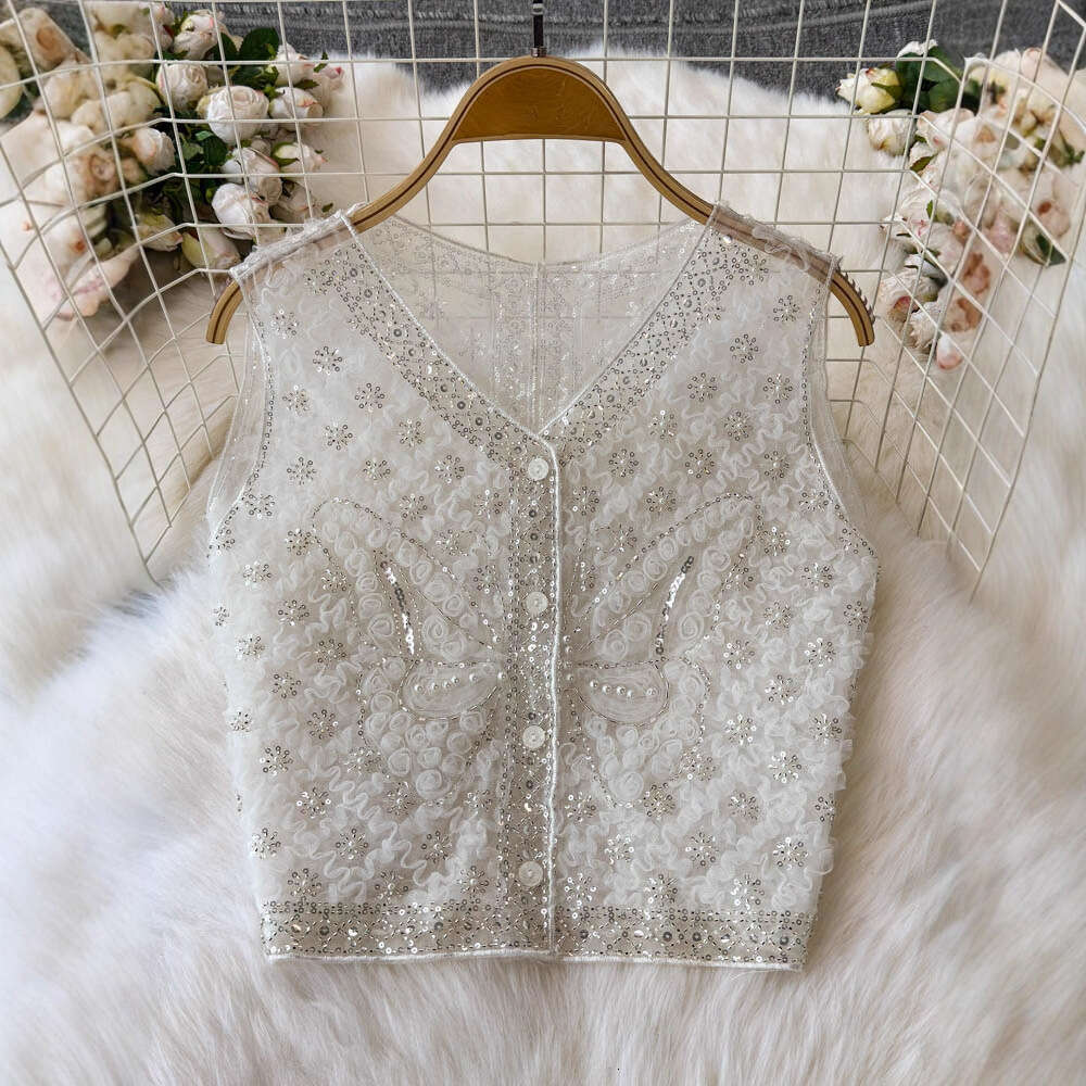 2026 Spring and Summer New French Heavy Industry Pearl Sparkle Sleeveless Tank Top for Women, A12 Slim and Elegant Style