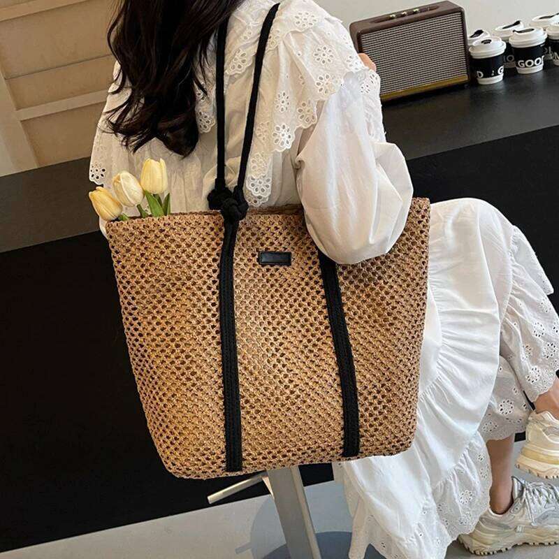 Summer Woven Straw Tote Bag Casual Beach Vacation Women Shoulder Bags Large Capacity Female Handbags Solid Color XJ260306