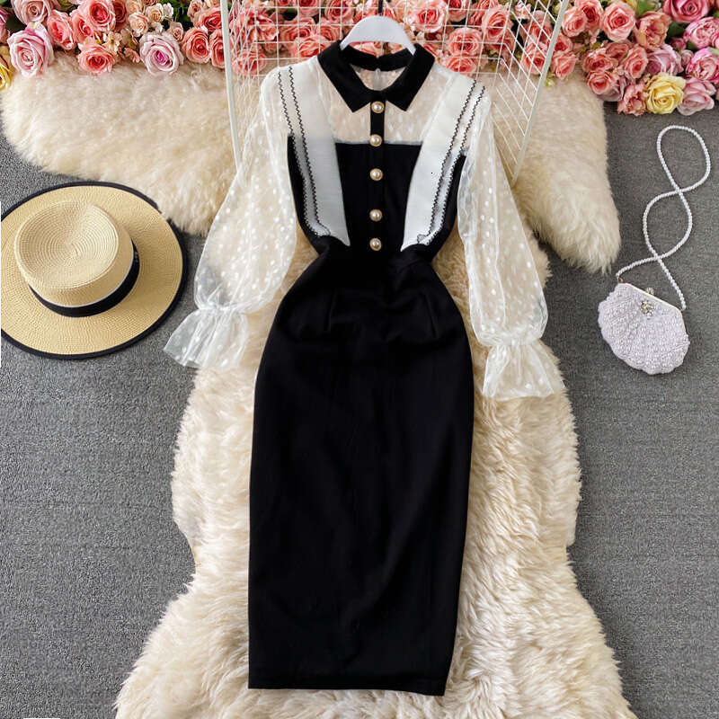 2026 Spring/Summer a20 New Designer Elegant Mature Style Social Celebrity Slimming Mesh Splicing Tight Dress
