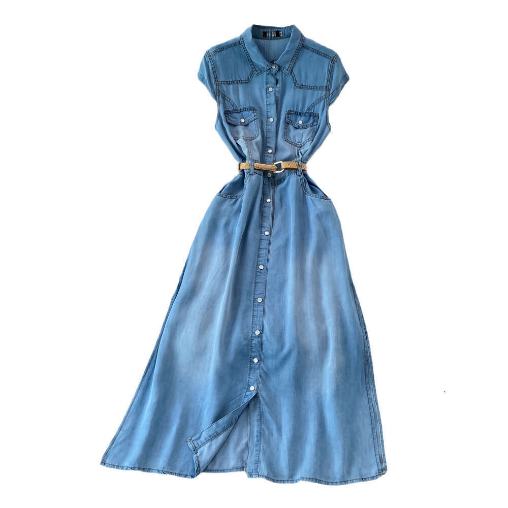 Designer's lightweight and mature style sleeveless denim women's dress, summer A12 new style French retro slim fit A-line skirt