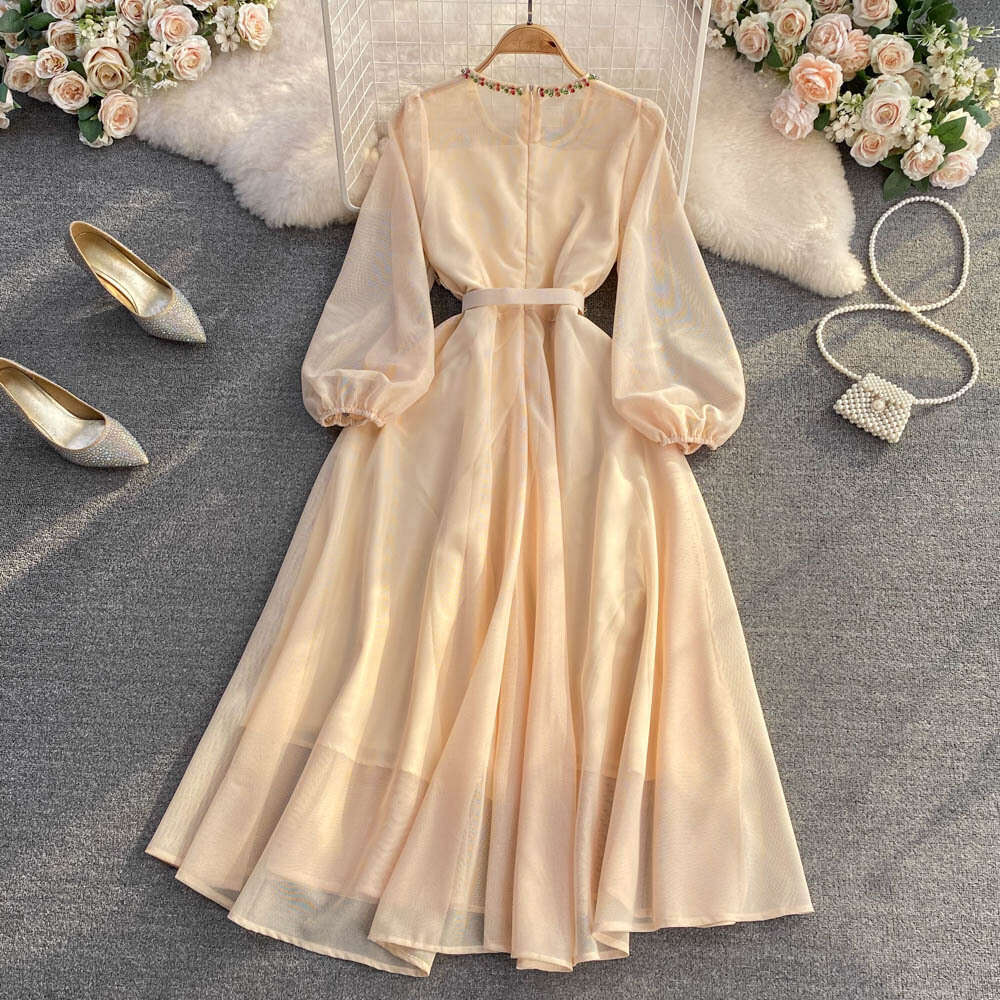 2026 high-end luxury style round neck dress with A12 rhinestone fluffy long sleeved waist and slim fit A-line design, wide hem