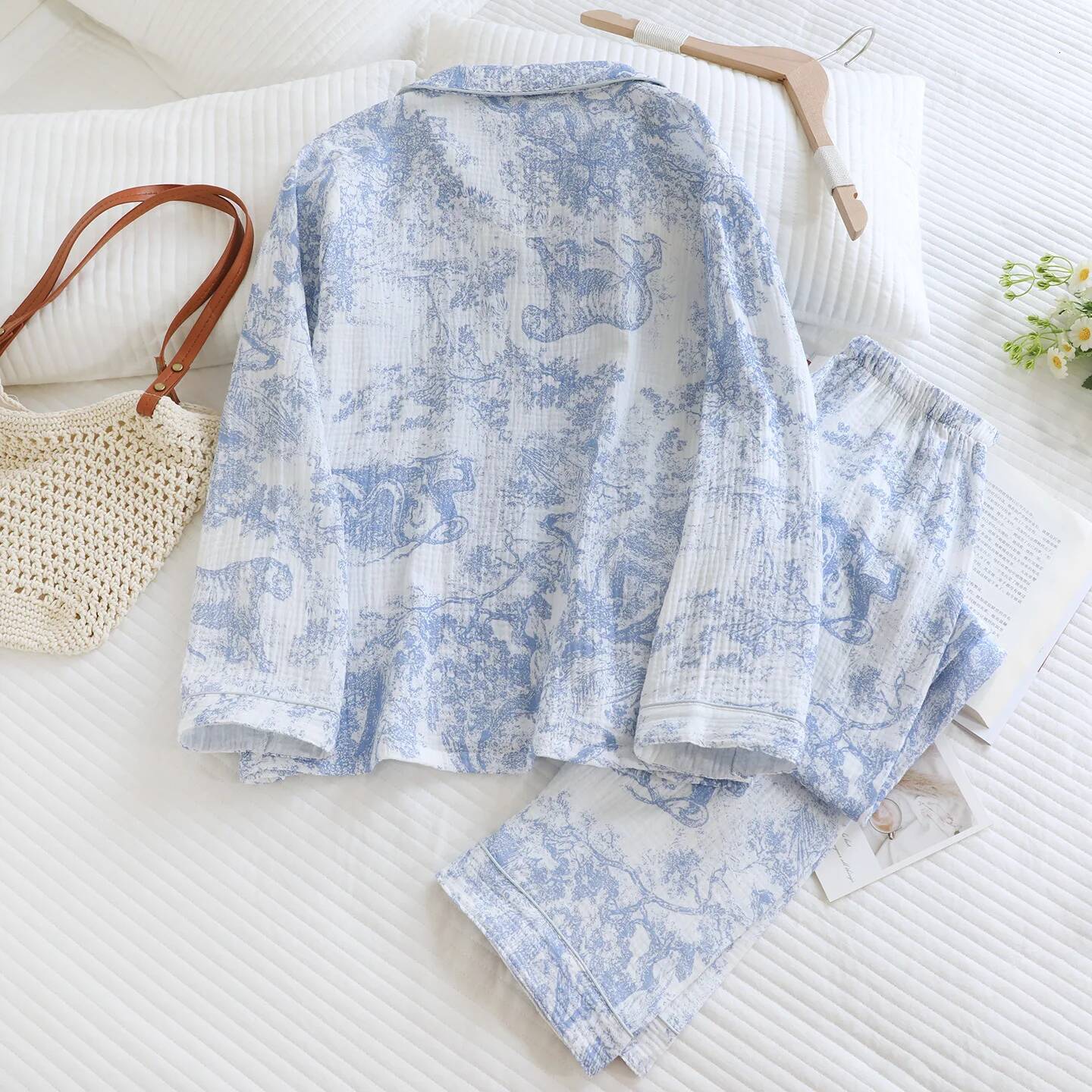 Cotton Double-layer Gauze Sleepwear for Women's Spring and Autumn Thin Long Pants Breathable Two-piece Home Clothes Set