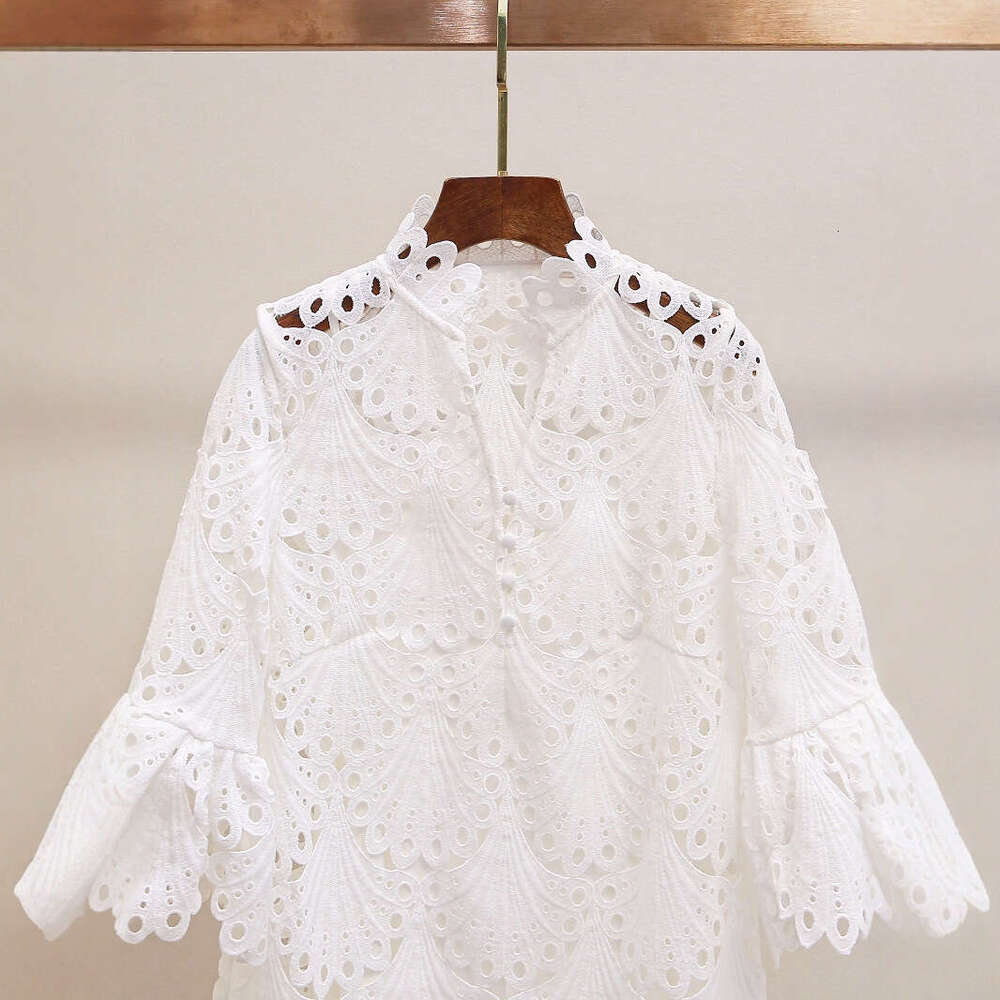 French Spring Women's 2026 New Elegant Hollow Lace Embroidered V-neck White Dress