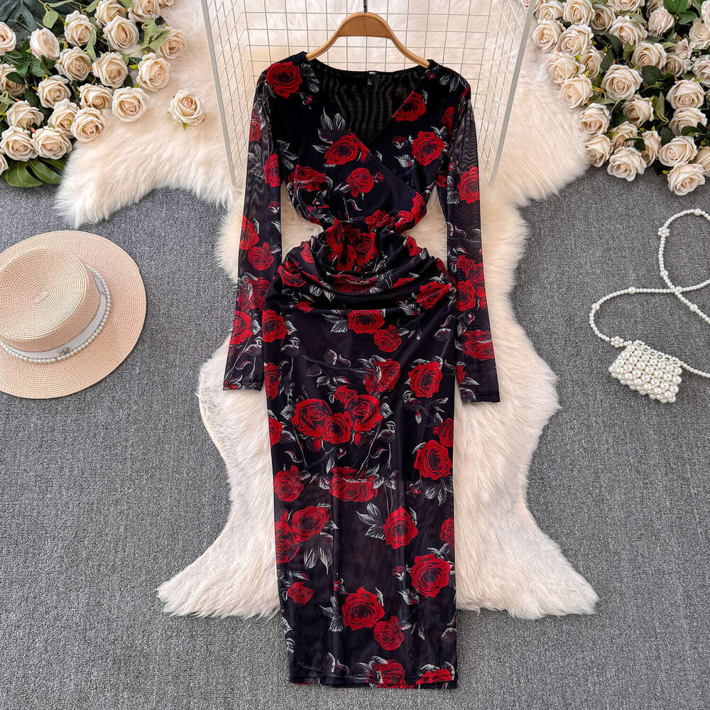 A15 2026 designer elegant French deep V-neck long sleeved printed mesh dress with waist cinching and slim fitting skirt
