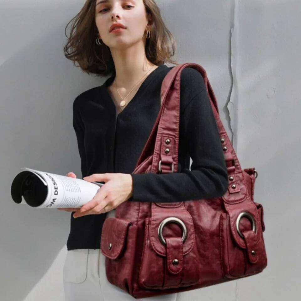 Two Metal Circles High Quality Soft Retro Pu Leather Female Handbags Tote Bags Luxury Shoulder Crossbody Bag for Women Mother XJ260306