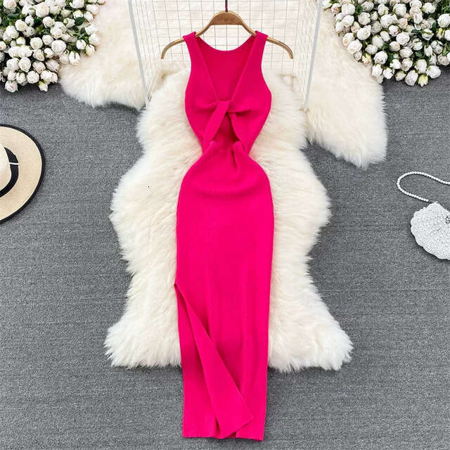 2026 spring and summer new sexy vest slim fit backless sleeveless mid length slit knit tight fitting dress