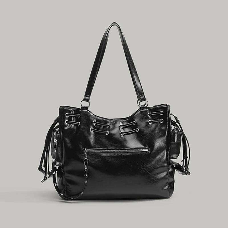 SHELKSBAG Y2k Style Studded String Large Capacity Handbags Woman Pu Leather Shoulder Bag Cool Girl Purse Streetwear Tote Bags XJ260306