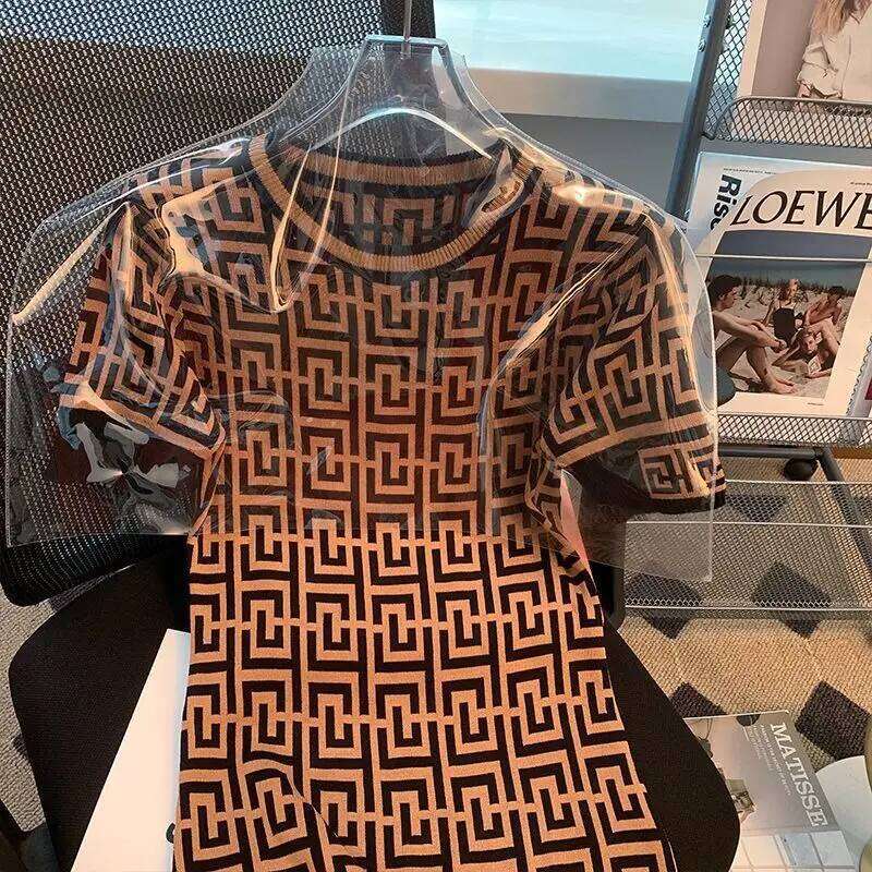 Luxury Geometric Monogram Ice Silk Dress - Sweet Crewneck Jacquard Short Sleeve Dress for Summer Fashion MAKOUFEI