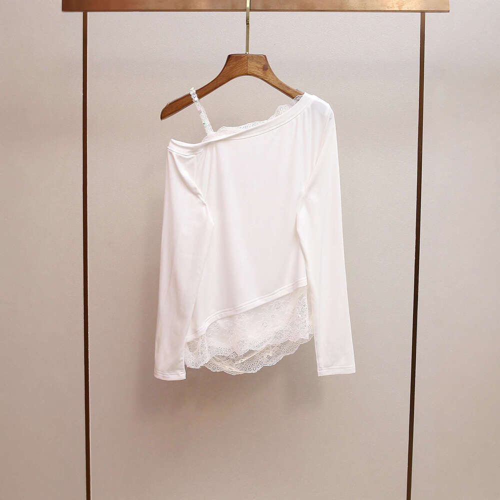 2026 high-end women's fashion autumn new style French youth loose lace off shoulder long sleeved women's T-shirt