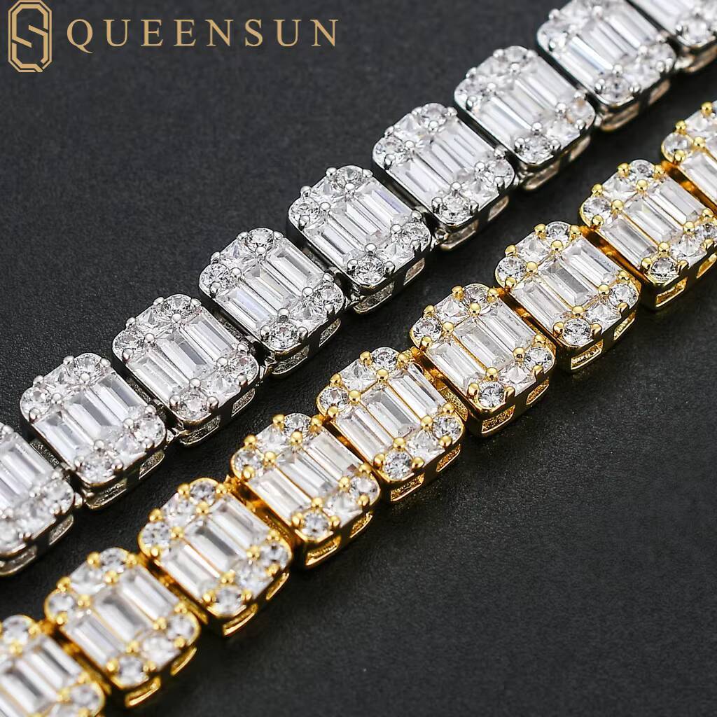 Queensun IGI GRA 18k Solid White Gold Tennis Bracelet 9mm Rectangular S925 Moissanite Hip-hop Chain Link Jewelry Lab Diamond
