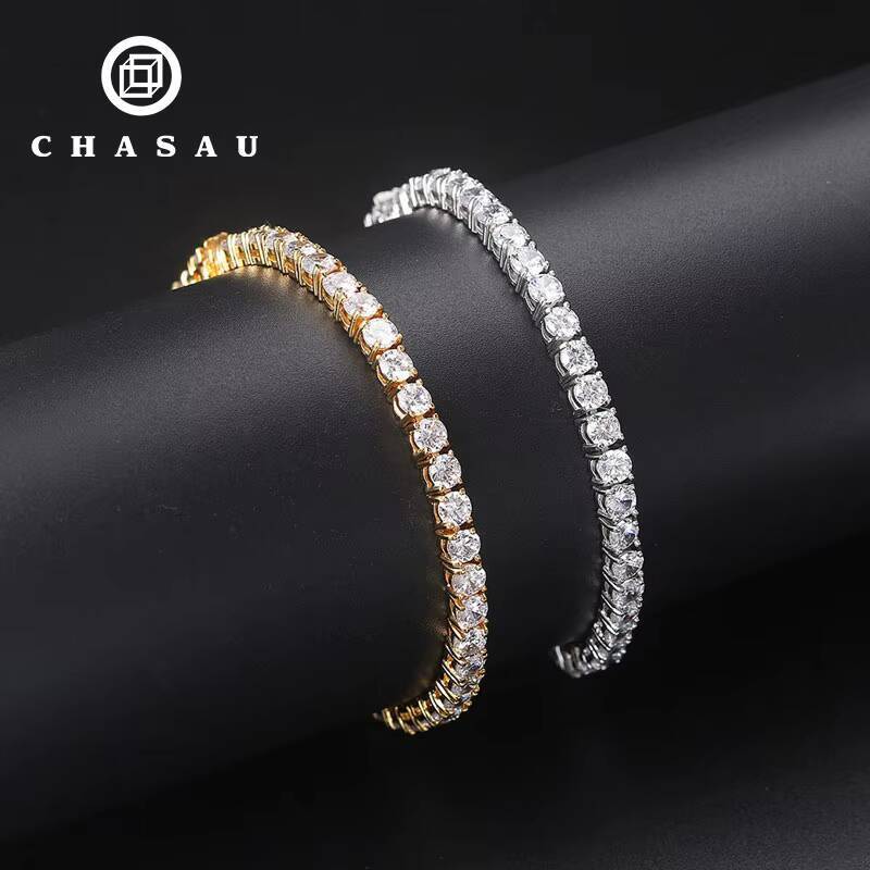 Hip Hop Men Jewelry White 14k Gold Plated 925 Sterling Silver Cluster Moissanite 3mm Tennis Chain Bracelet for Women