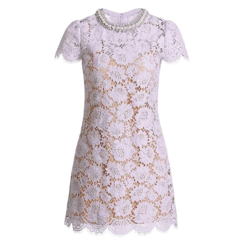 2026 Spring and Summer New Women's Purple Flower Lace Sleeve Round Neck Short Style Mini Dress