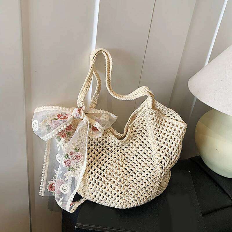 Solid Crochet Tote Handbag Summer Beach Fashion Women's Mesh Woven Shoulder Bags Large Capacity Knitting Underarm Bag XJ260306