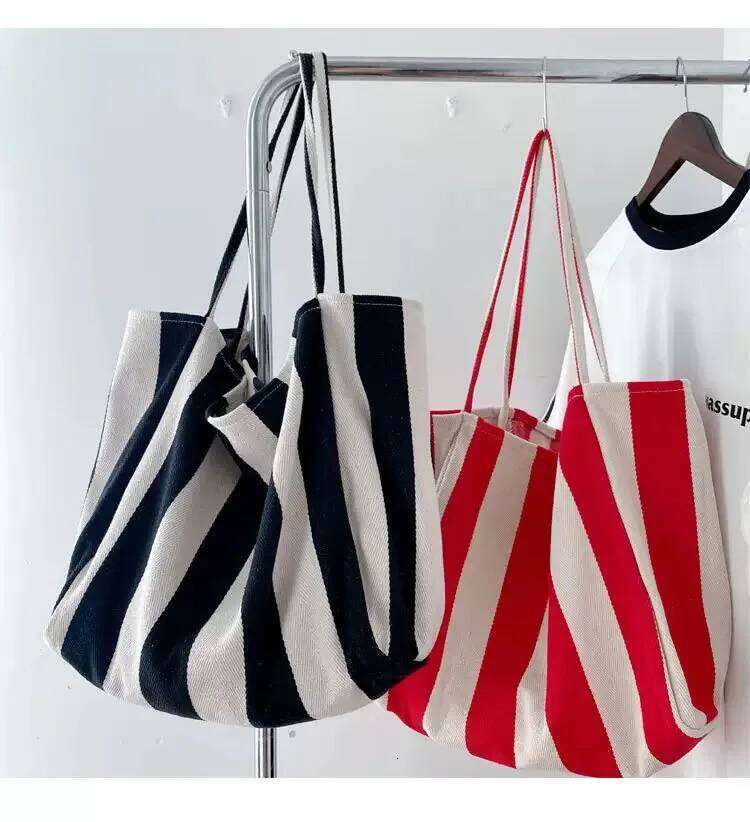 Large Capcity Korean Style Stripe Canvas Tote Female Casual Simple Shoulder Bags Shopping Handbag Daily Totes Bag XJ260306