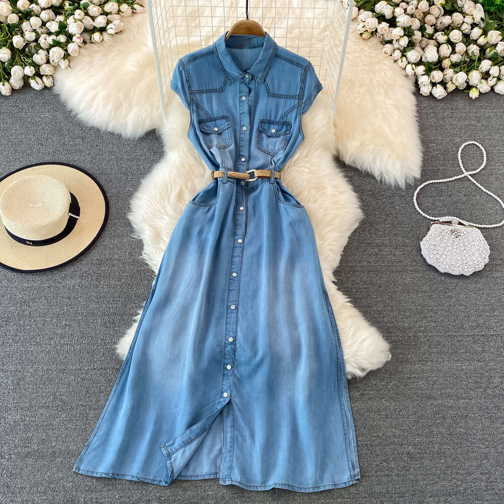 Designer's lightweight and mature style sleeveless denim women's dress, summer A12 new style French retro slim fit A-line skirt
