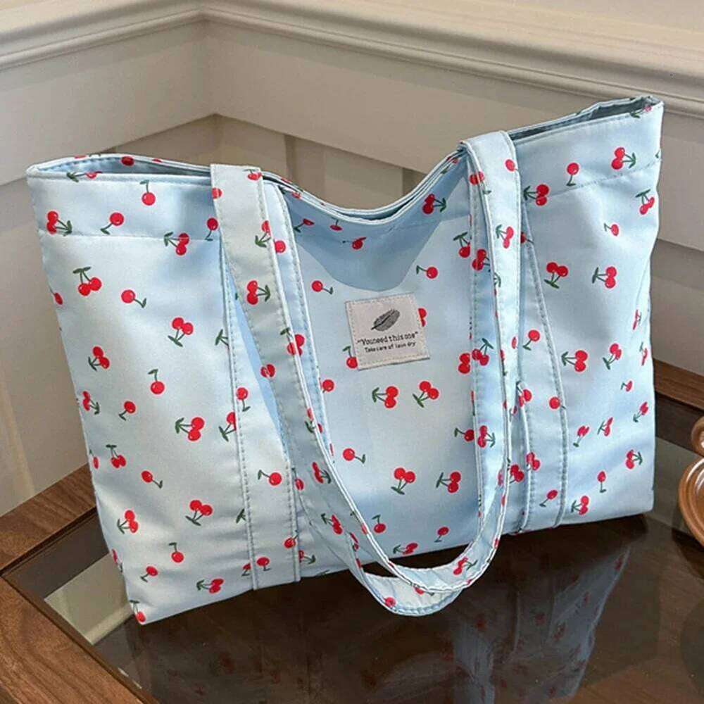 Cute Cherry Strawberry Print Casual Tote Large Capacity Shopping Nylon Aesthetic Handbag Grocery Bag for Women XJ260306