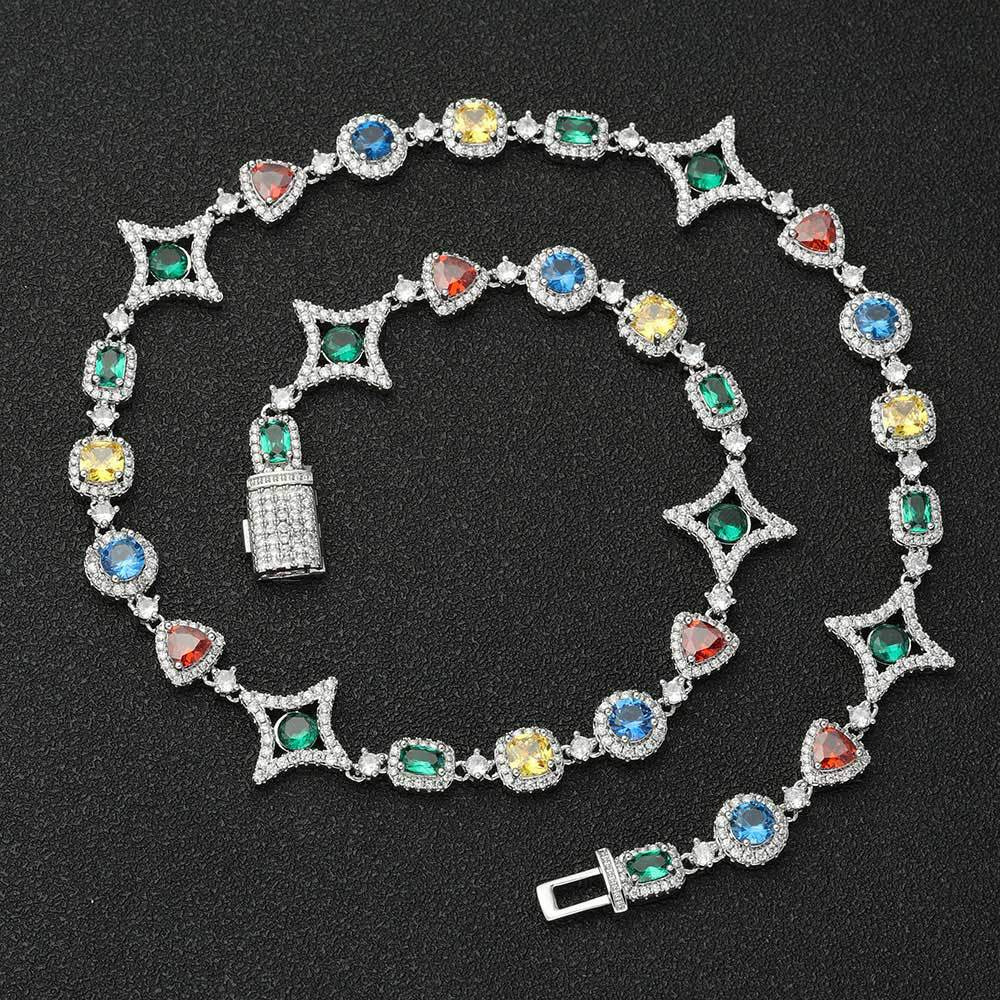 designer Cross-Border Jewelry Colorful Gemstone Bracelet European and American Hot Selling Diamond-Encrusted Hip-Hop Necklace Niche Tennis Chain Colla