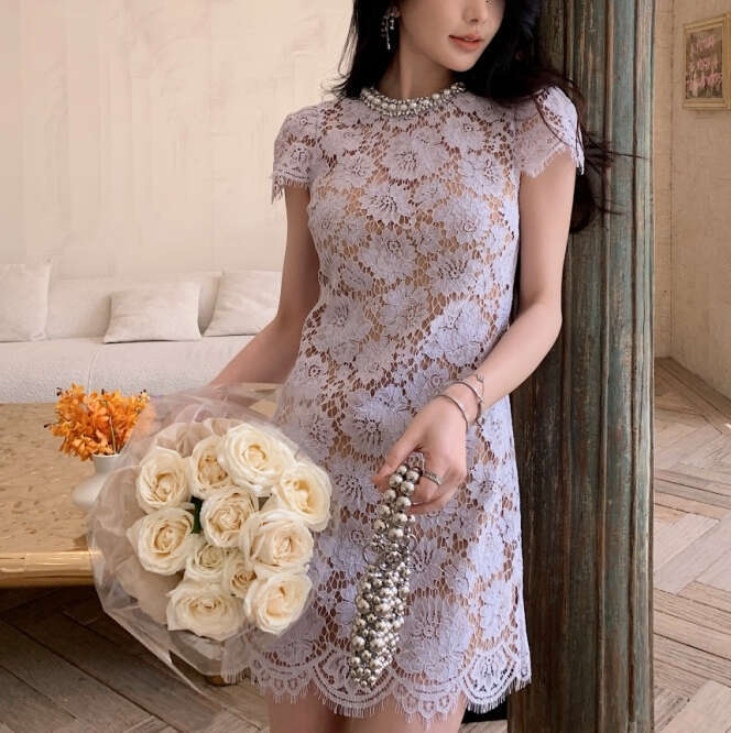 2026 Spring and Summer New Women's Purple Flower Lace Sleeve Round Neck Short Style Mini Dress