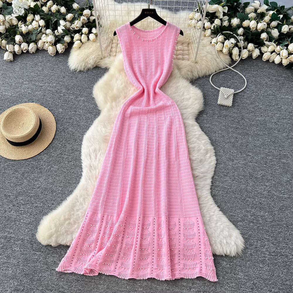 2026 Spring and Summer Round Neck Waist Long Women's Slimming A-line Sleeveless Style Beaded Dress