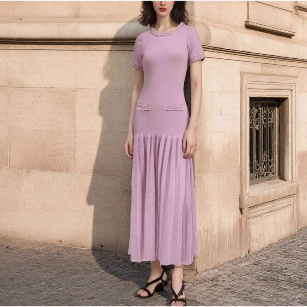 2026 new French bead short sleeved knitted long dress elegant slim fit pleated black women's dress