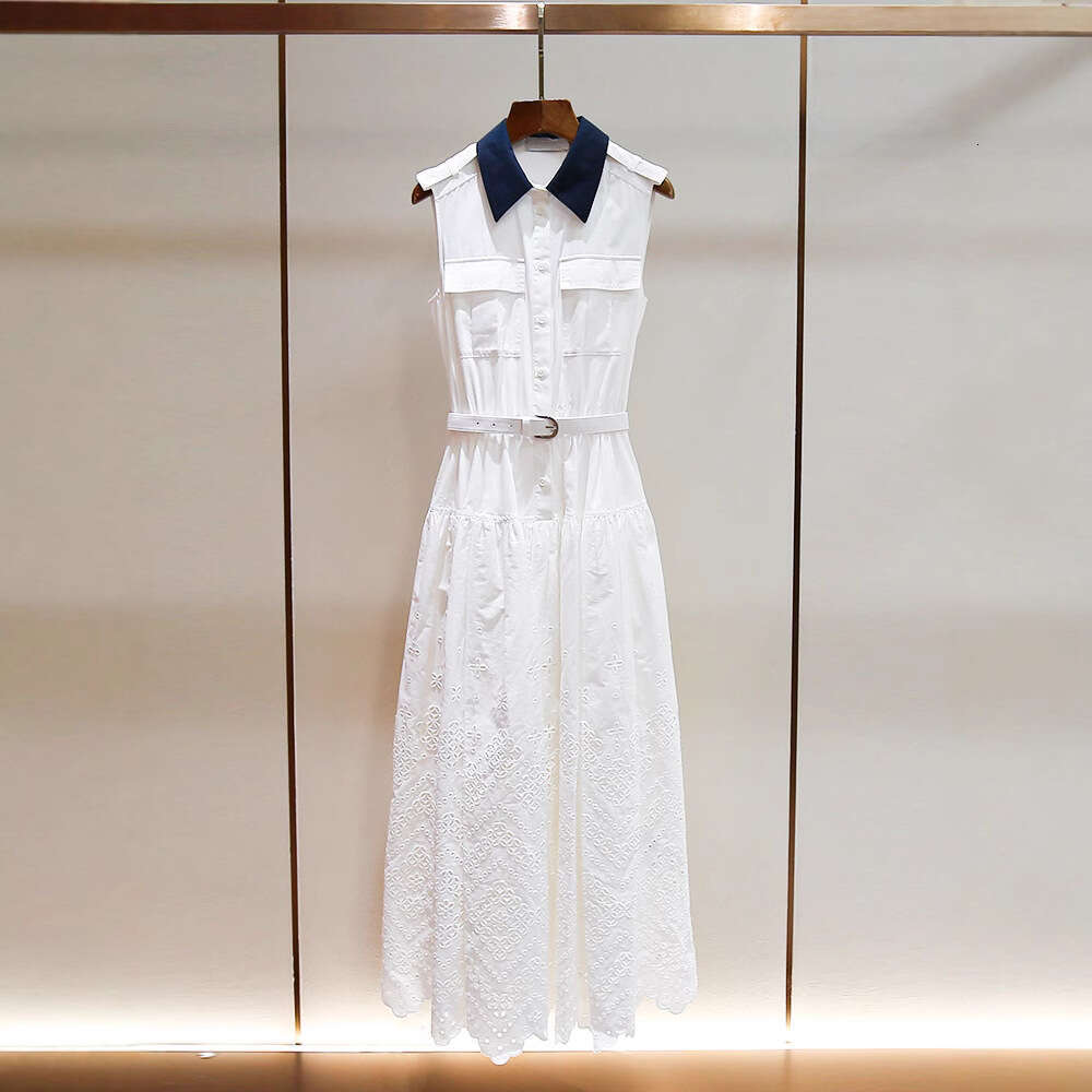 2026 spring and summer color block soft workwear style lapel sleeveless pocket A-line hollowed out embroidered vest dress