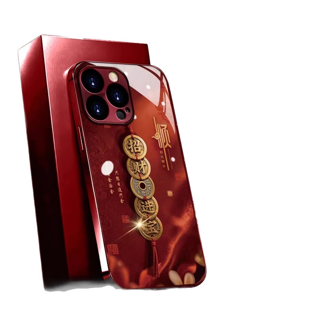 Wine red electroplated glass copper string attracting wealth and treasures, suitable for Apple 17 phone case iPhone 16 PRO MAX New Year