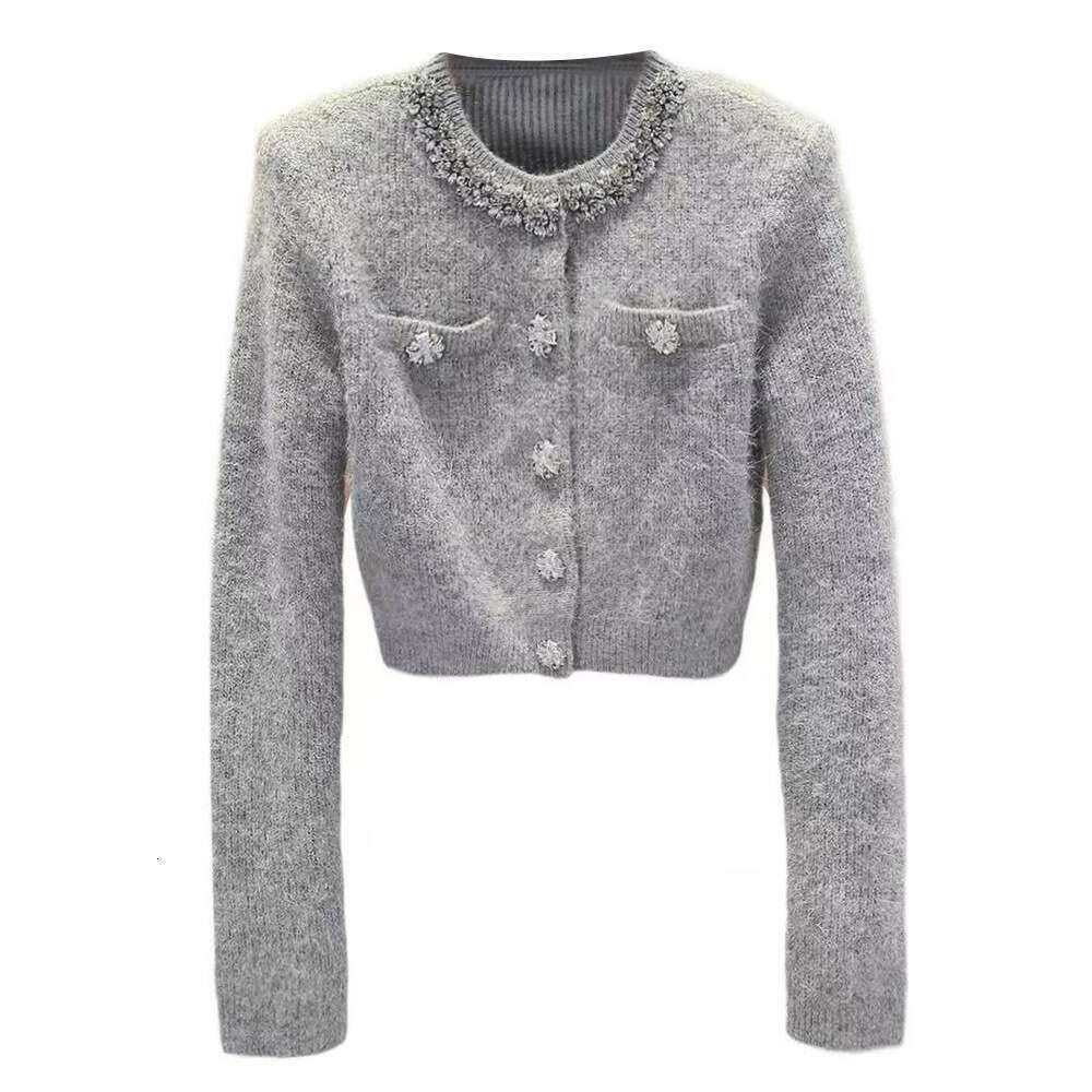 2026 early autumn new designer solid color bead round A13 neck knitted cardigan top, short skirt two-piece set for women