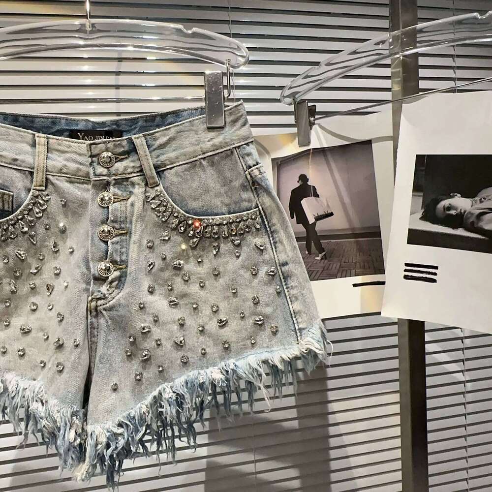 Spring Autumn Rhinestones Diamonds Beaded Jeans Tassels Edge Denim Shorts Crystal Fringed Hot Pants Sequined Cowboy Trousers XJ260306