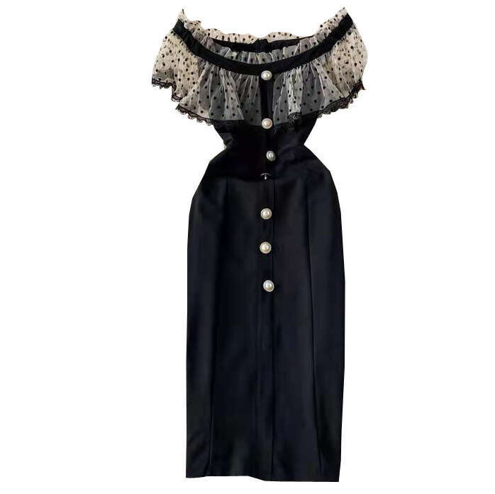 2026 Designer Elegant Mature Style Off Shoulder Polka Mesh Dress Summer New Style Ruffle Slim Fit