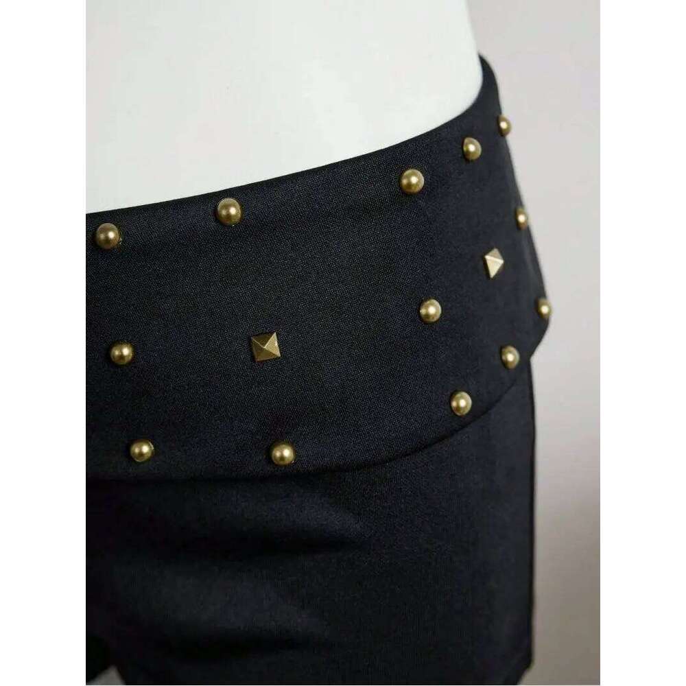 Women Y2K Low Waist Studded Fold Over Rivet Shorts Slim Fit Boxer Short Rave Mini Bottoms XJ260306