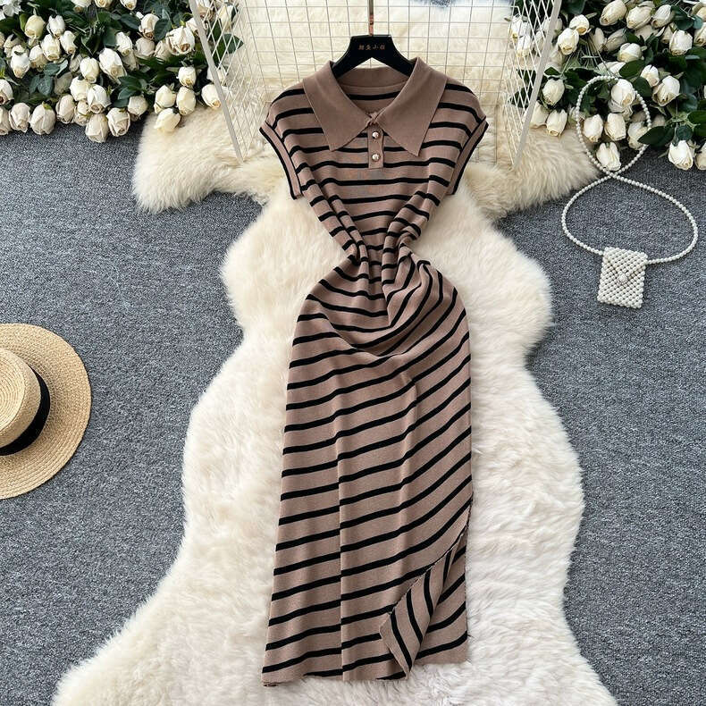 2026 Korean Fashion Summer New High end Retro Polo Collar Sleeveless Waist Slimming A13 Slant Striped Knitted Dress