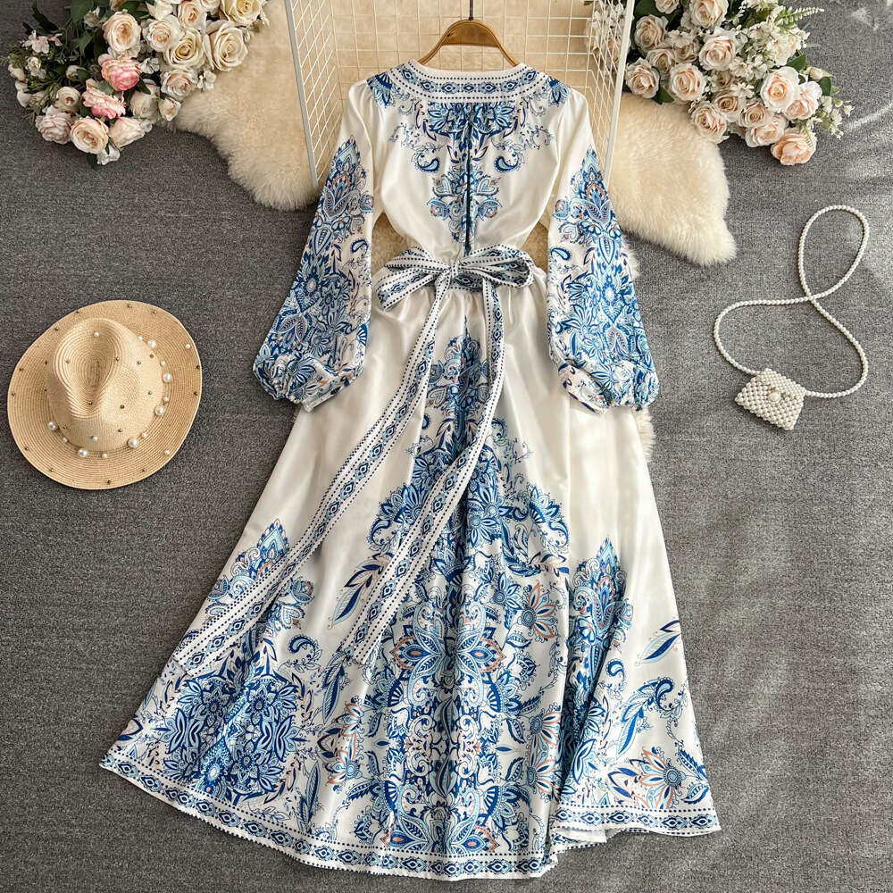 2026 Spring and Autumn Fashion Puff Long Sleeve V-neck Waist Slimming Tie Dyeing Celadon Printed Elegant Long Dress