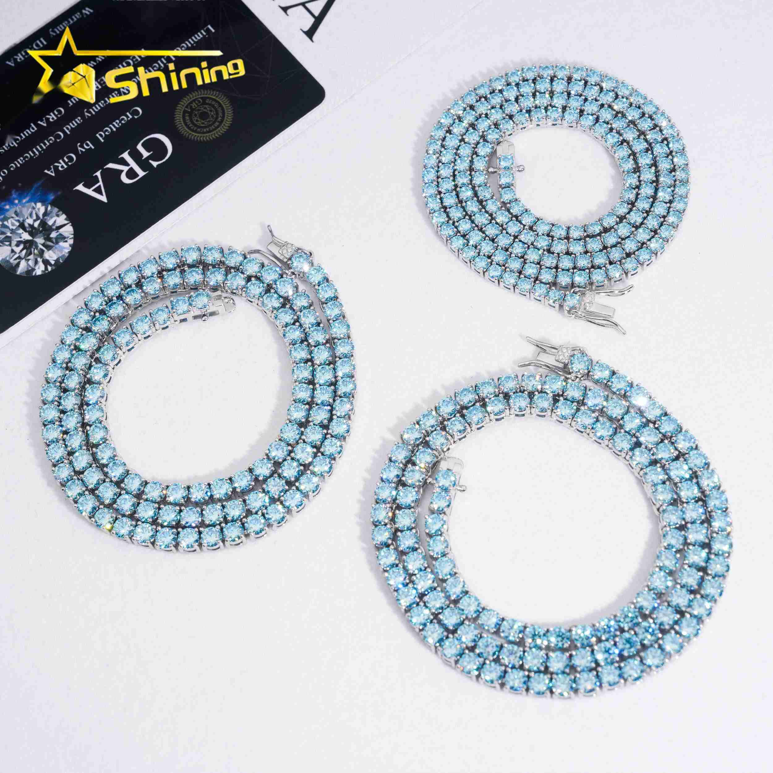 Fast Shipping Aquamarine Color Moissanite Tennis Chain 925 Sterling Silver Gold Plated Pass Diamond Test Moissanite Necklace