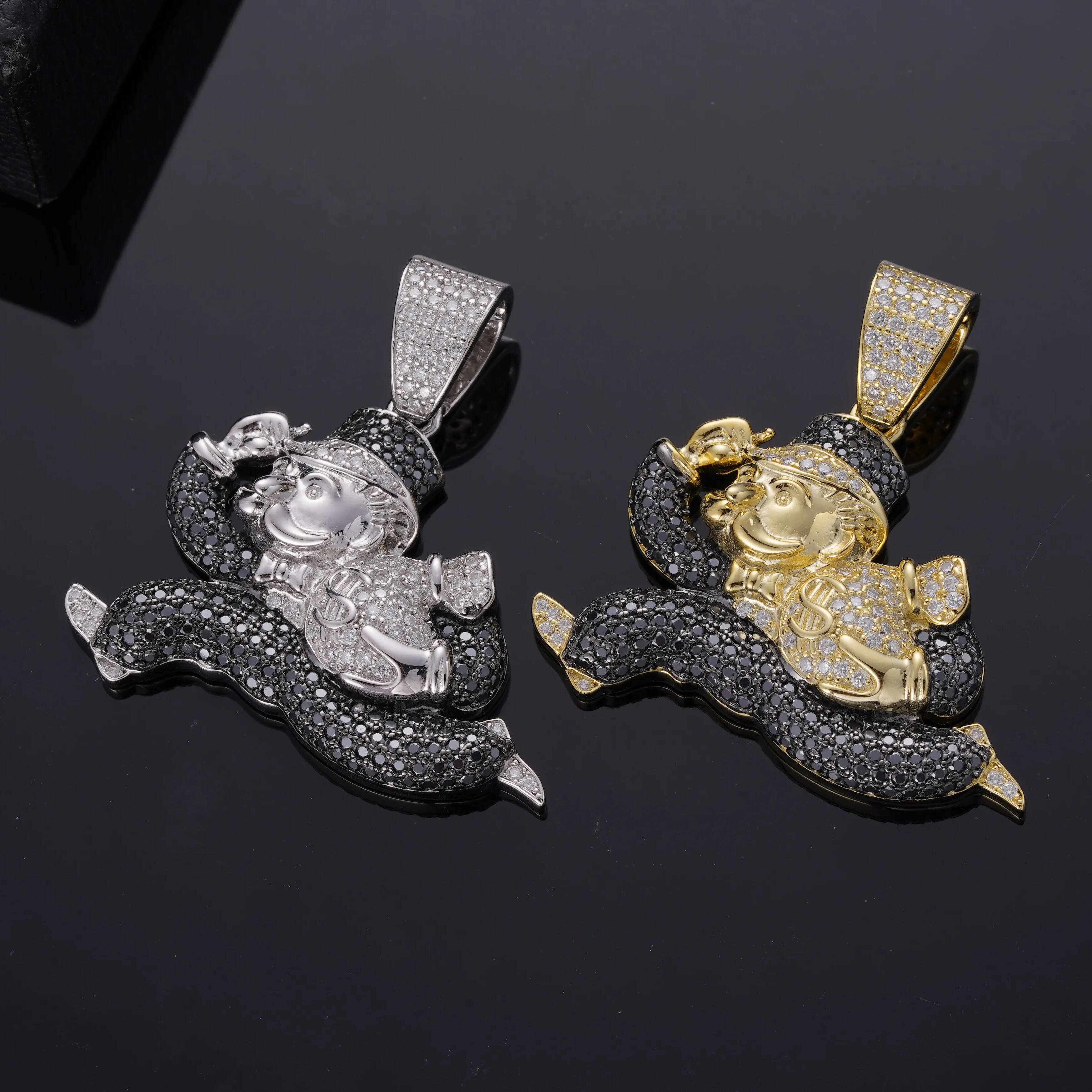 Rapper Hip Hop Jewelry S925 Silver Iced Out Real Gold Plated Black Moissanite Monopoly Running Clown Money Bag Pendants for Men