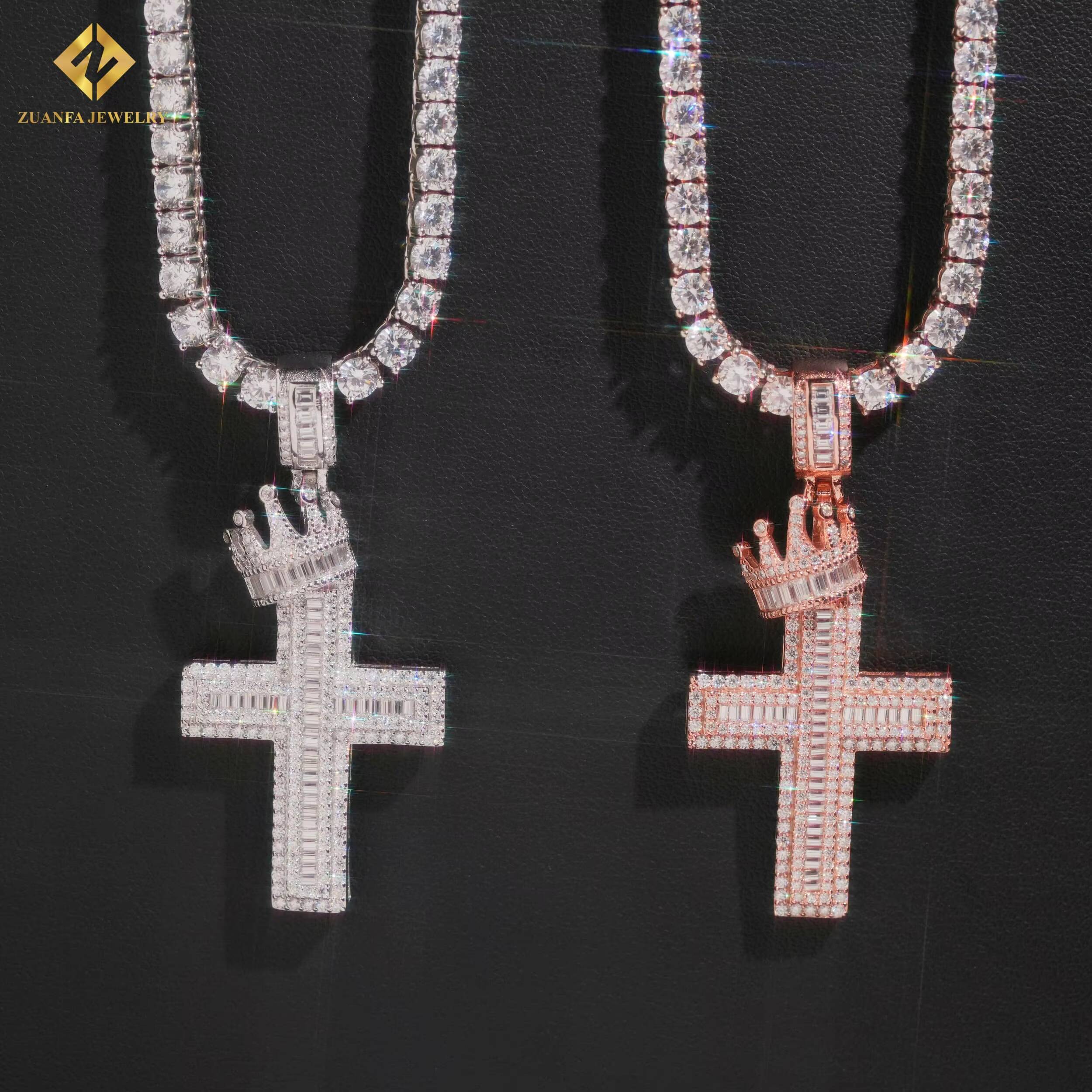 USA Warehouse VVS Moissanite Hip Hop Jewelry Cross Crown Iced Out Pendant Charm 925 Sterling Silver Moissanite Cross Pendant Men