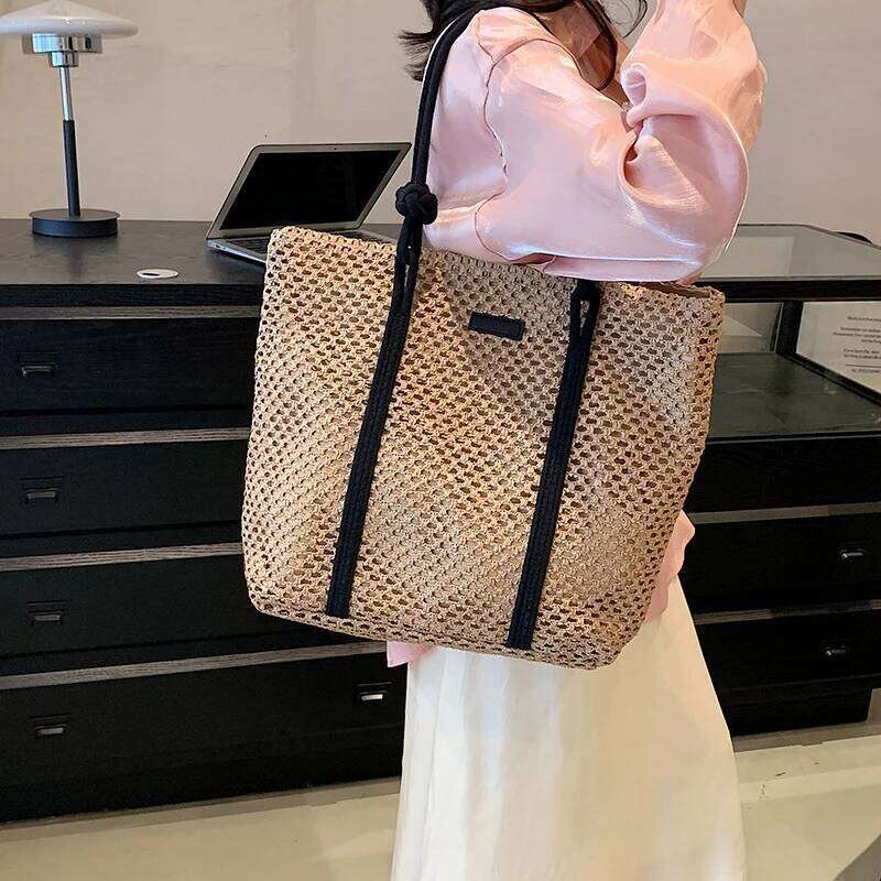 Summer Woven Straw Tote Bag Casual Beach Vacation Women Shoulder Bags Large Capacity Female Handbags Solid Color XJ260306