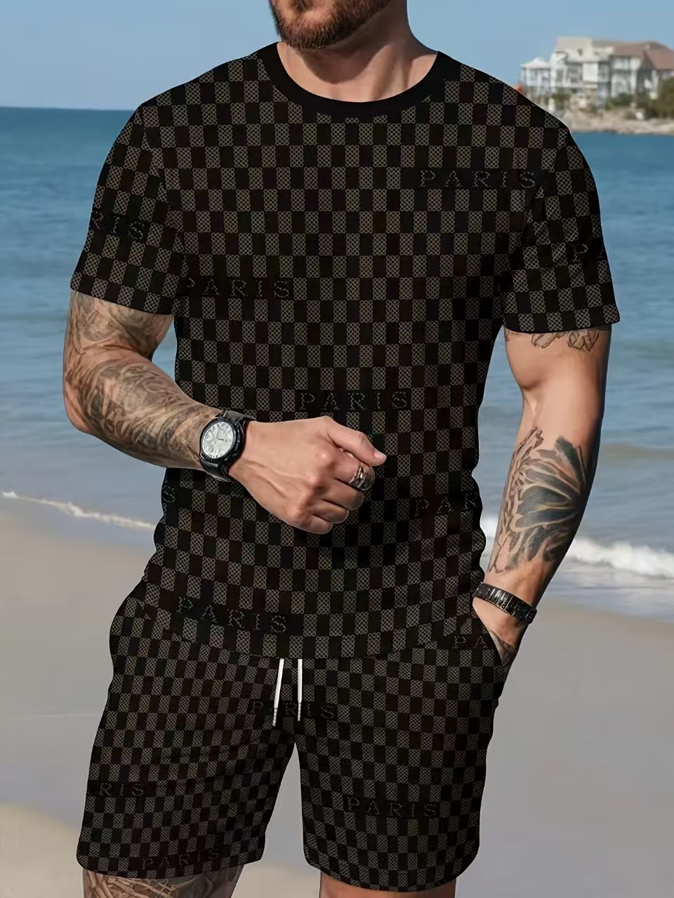Luxury Brand Designer Clothes Foreign Trade Summer Trendy Men's Casual Sports Shorts And Short-Sleeve Shirt Printed Set - view 8