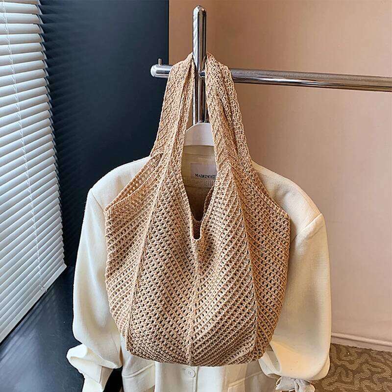Women Knitting Shoulder Hollow Out Crochet Mesh Bag Large Capacity Knitted Tote Ladies Daily Handbag XJ260306