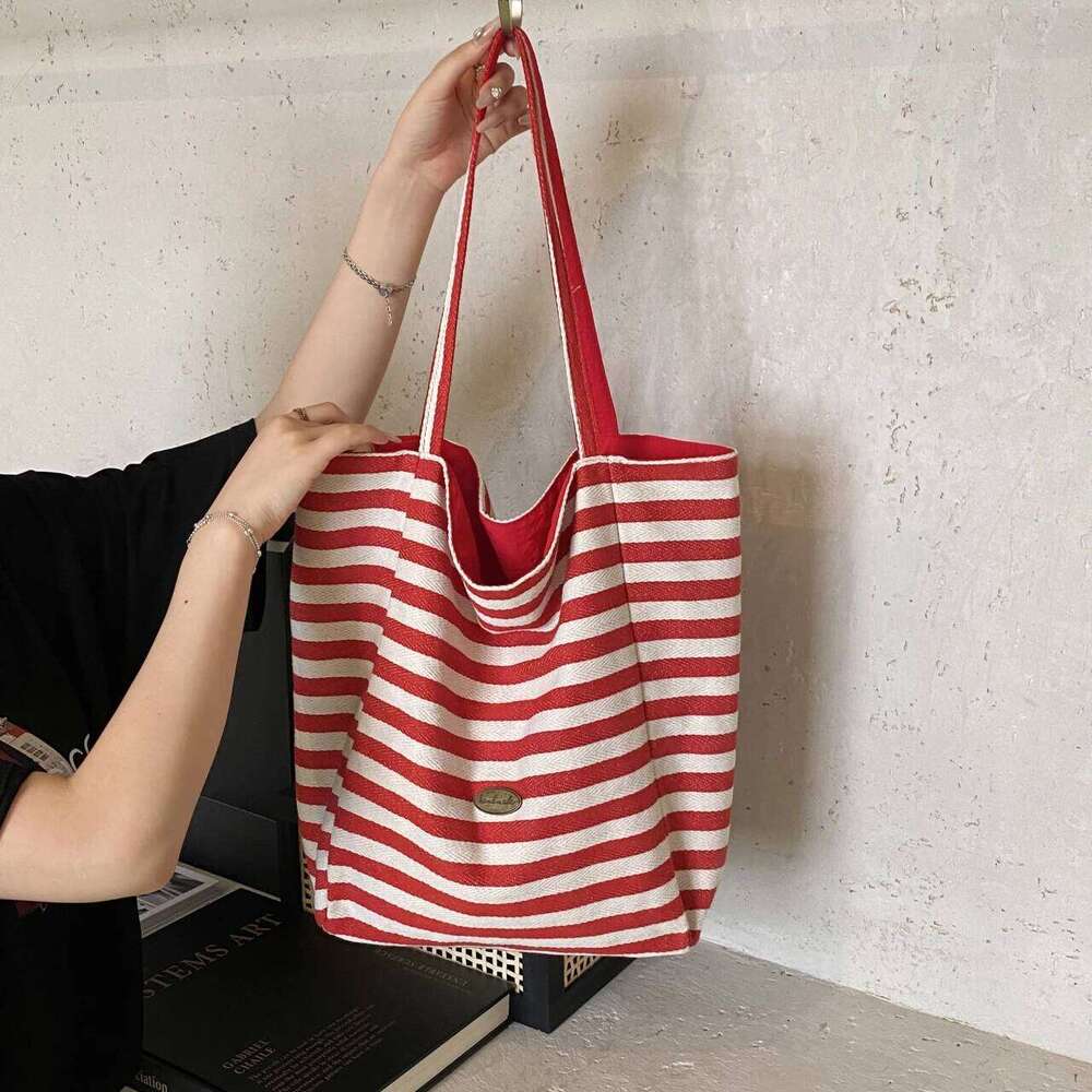 Double stripe canvas - Large capacity, relaxed style tote bag women, suitable for students and casual commuting, single XJ260306