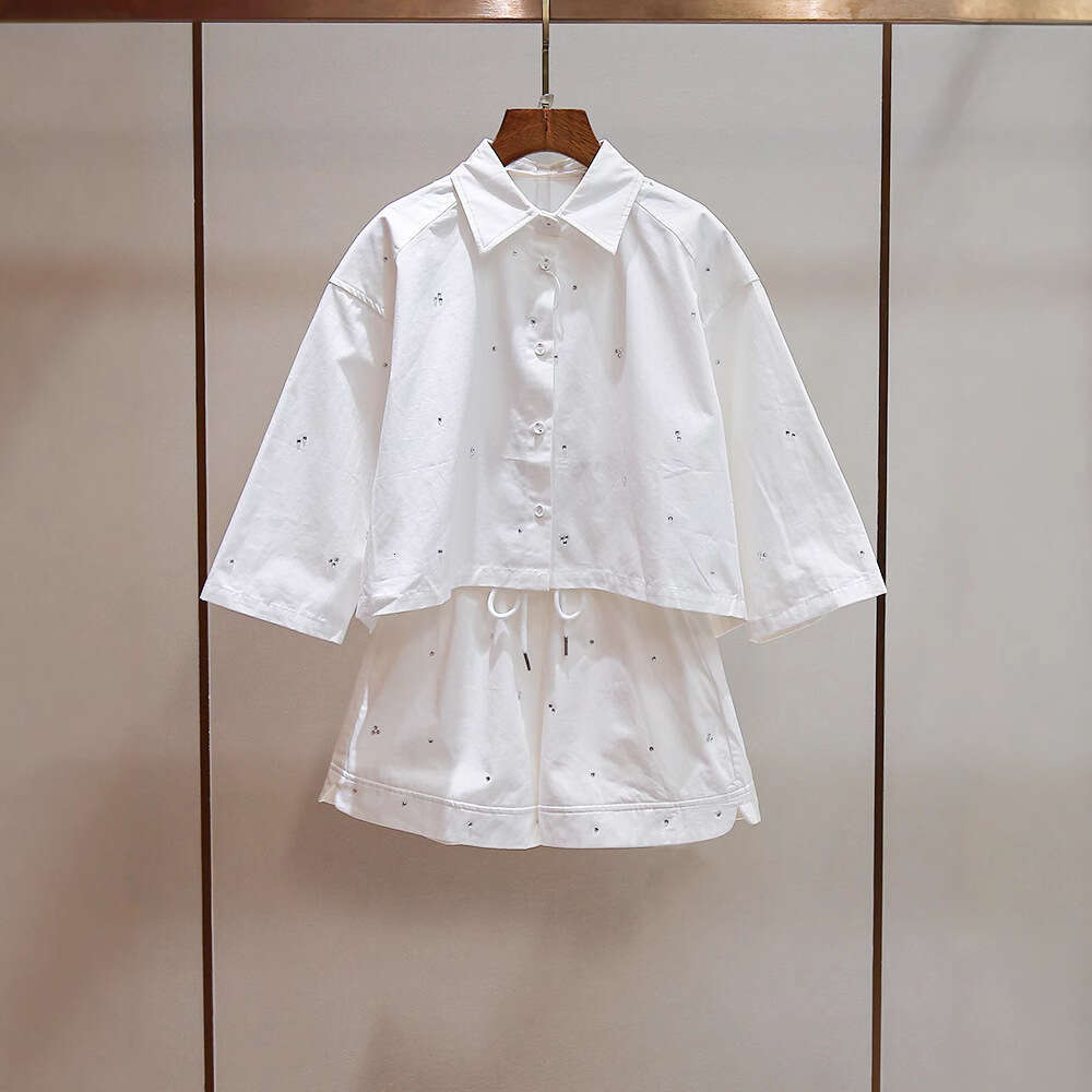 2026 Spring and Summer New French Heavy Beaded Irregular Collar Shirt Top A-line Wide Leg Shorts Set